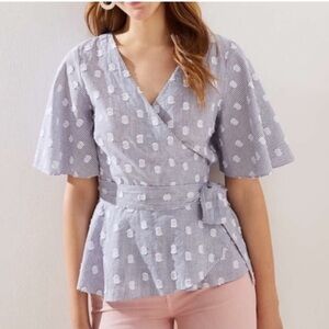 LOFT Blue White Stripe Polka Dot Wrap Peplum Blouse Top Flutter Sleeve XS